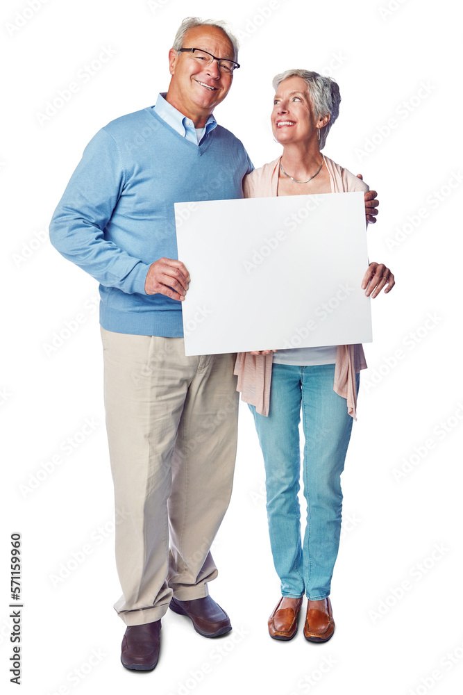 A mature couple stands next to each other with a satisfied facial expressions and enjoy time together while holding a blank pla card isolated on a png background. - obrazy, fototapety, plakaty 