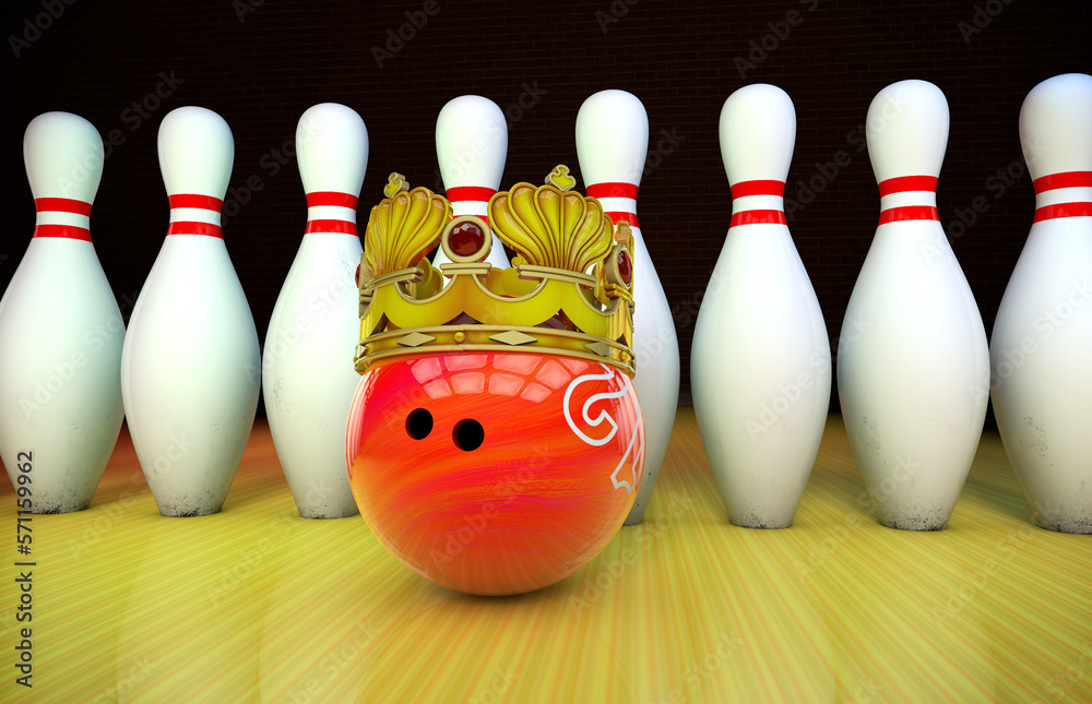 A row of bowling pins and a red bowling ball in a golden crown 3D ...