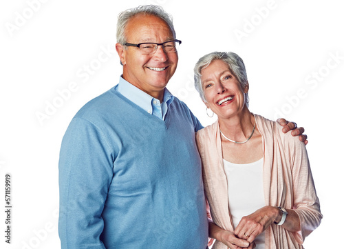 A cheerful senior couple posing together in happiness and bonding for relationship isolated on a png background.