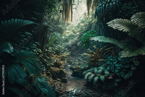 Jungle path illustration, tropical flowers and trees background, generative ai