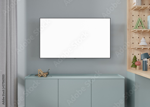 TV mock up in children's room. LED TV with blank white screen. Copy space for advertising, kids movie, app, game presentation. Empty television screen ready for your design. 3D render.
