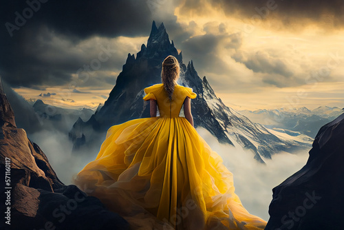 Eine Frau im gelben Kleid genießt nach der Wanderung, vom Gipfel des Berges, die atemberaubende Aussicht der Landschaft - Generative Ai