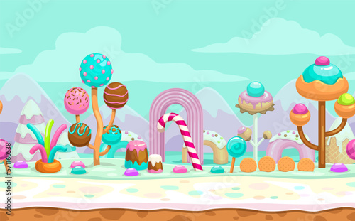 Cartoon vector sweet candy land, seamless scene