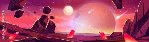 Meteor shower scene on alien planet. Cartoon space game level background illustration. Fantasy world with red sky and extraterrestrial ground surface. Crystal and falling rock in futuristic universe