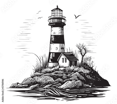 Lighthouse on the seashore sketch hand drawn illustration