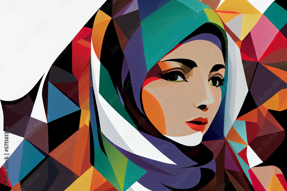illustration of portrait woman wear colorful hijab . AI