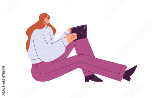 Happy woman with tablet pc, computer, sitting on floor. Young girl profile, holding gadget. Female character using device, looking aside, smiling. Flat vector illustration isolated on white background