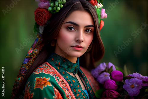 Portrait of a stunning Persian woman wearing conventional dress and celebrating Nowruz, the Persian New Year. Created with Generative Ai photo