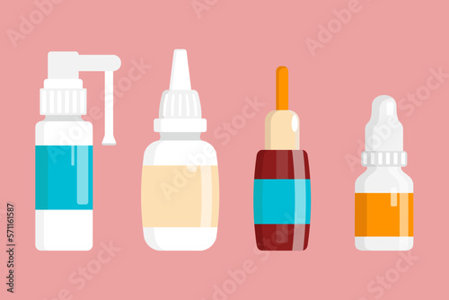 Set of Nasal drops. Isolated Medical Bottles. Flat Vector illustration.