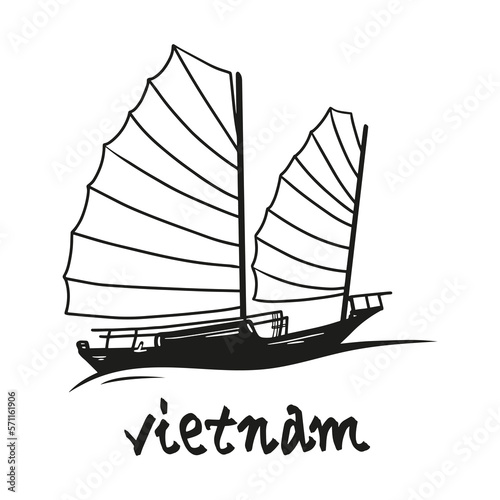 Vector design of ship, boat and vietnamese national sign. Logotype ink illustration eps 10