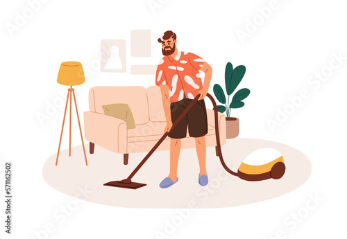 Mature man cleaning home. Person cleans carpet, floor with vacuum cleaner in living room interior. Male character during housework, housekeeping. Flat vector illustration isolated on white background