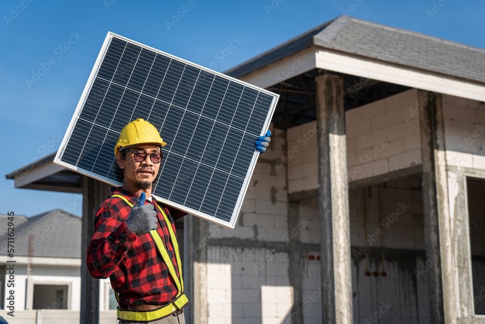 custom made wallpaper toronto digitalEngineers in helmets installing solar panel system outdoors. technician use a the Electric drill installing the solar panels at roof top of home and home office.