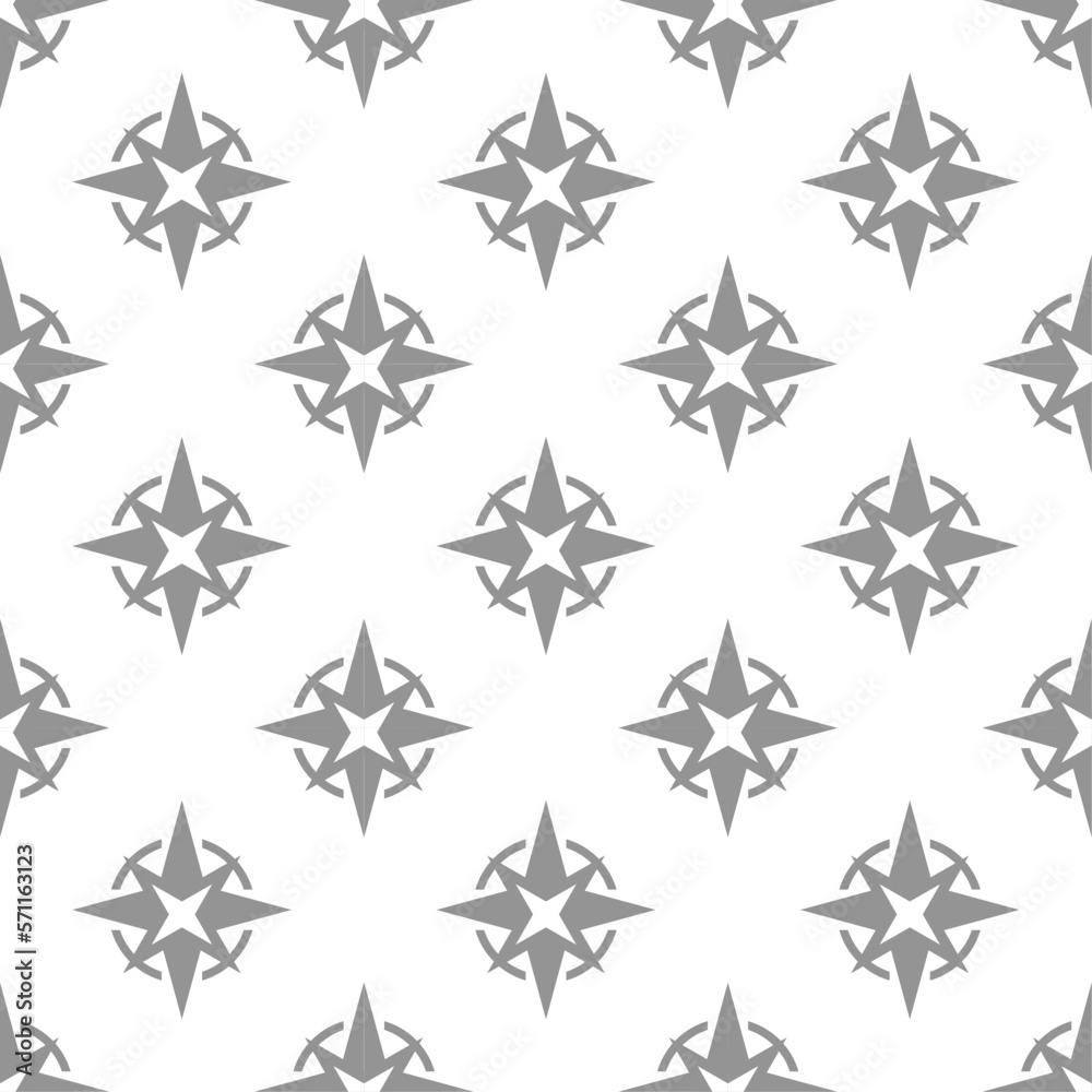 Grey Compass seamless pattern on white background.