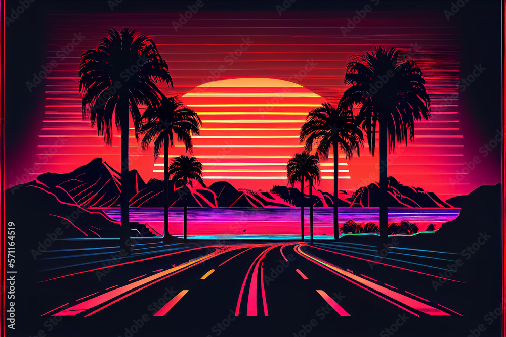 illustration of neon tropical theme with retro 80 palm tree and exotic floral. ai