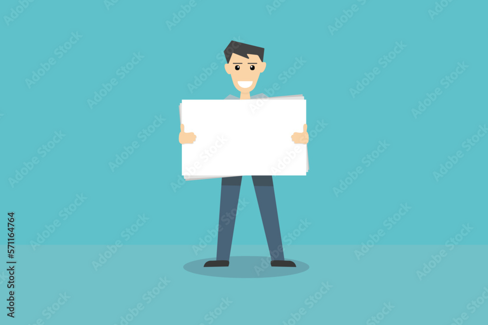 Man holding showing white blank board banner poster