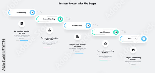 Infographic for business process with five stages. Simple flat template for data visualization.