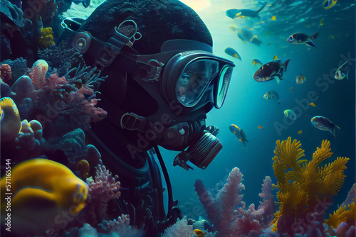 illustration of underwater world with diver and coral reefs. AI