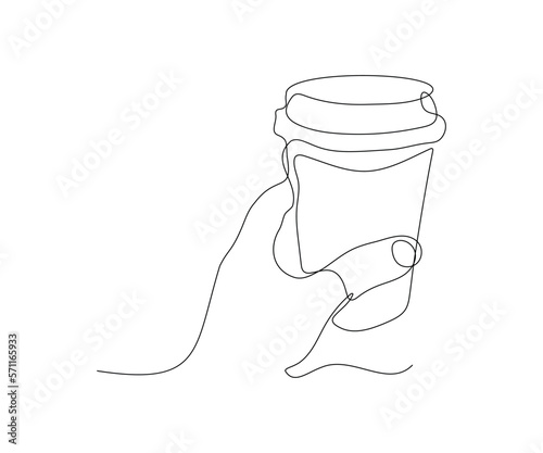 abstract hand with a cup of coffee , hand-drawn, continuous mono line, one line art, contour drawing
