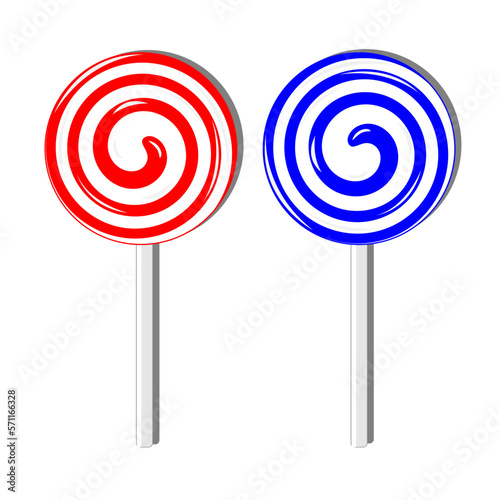 Sweet lollipops, spiral sugar candies on stick, white red and white blue design vector illustration