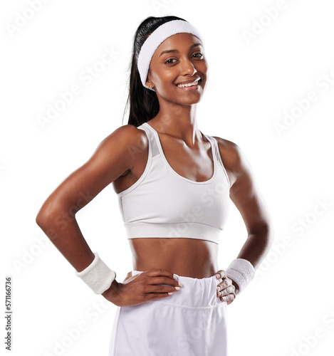Fototapeta Naklejka Na Ścianę i Meble -  Happy, confident tennis player in sports uniform while ready to play with a positive attitude. Fit and sporty female standing against a studio background with copy space isolated on a png background.