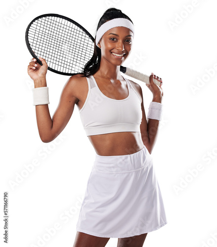 Female tennis player posing with racket, getting ready for competitive match and looking sporty. Active, fit and happy professional sports person isolated on a png background. © peopleimages.com