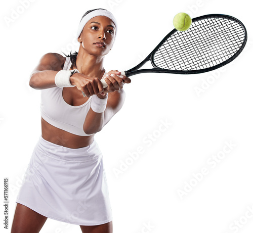 A woman playing a tournament with copy space. Sporty, active and professional athlete playing a game. Competition and serious tennis player keeps focus on the court isolated on a png background. © peopleimages.com