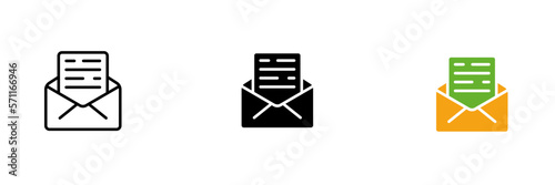 Icon of an envelope with a letter inside. Mail, tax bills, email, global goods exchange system. Vector set icon in line, black and colorful styles isolated on white background