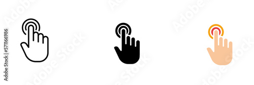 Click the hand icon. Selection, touchpad, website scrolling, smartphone touch screen. Vector set icon in line, black and colorful styles isolated on white background