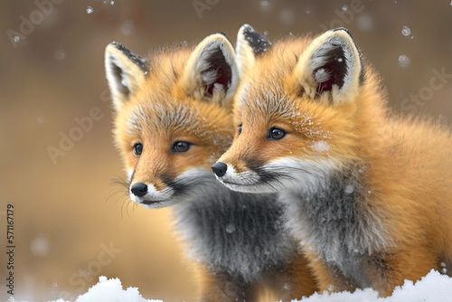2 baby fox in a snow winter, generative Ai picture. © Kien