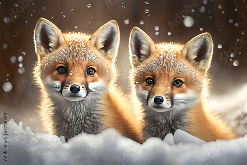 2 baby fox in a snow winter, generative Ai picture.