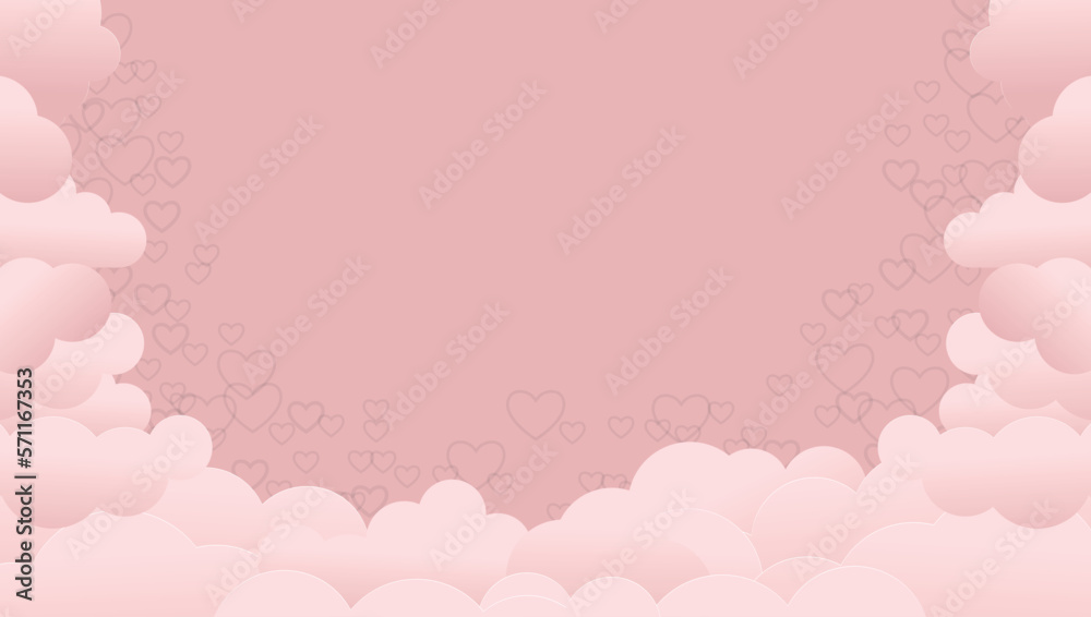 vector postcard with clouds and flying hearts. illustration of a banner with clouds in several layers on a pink background