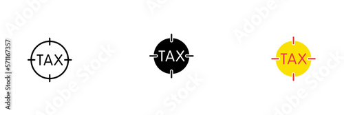 Tax icon in crosshairs. Tax evasion, financial fraud, legal business, money, resources. Vector set of icons in line, black and red styles isolated on white background.
