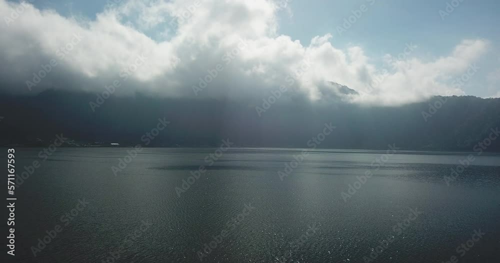 Drone shot of lake and mountains against cloudy sky Drone shot of lake and mountains against cloudy sky