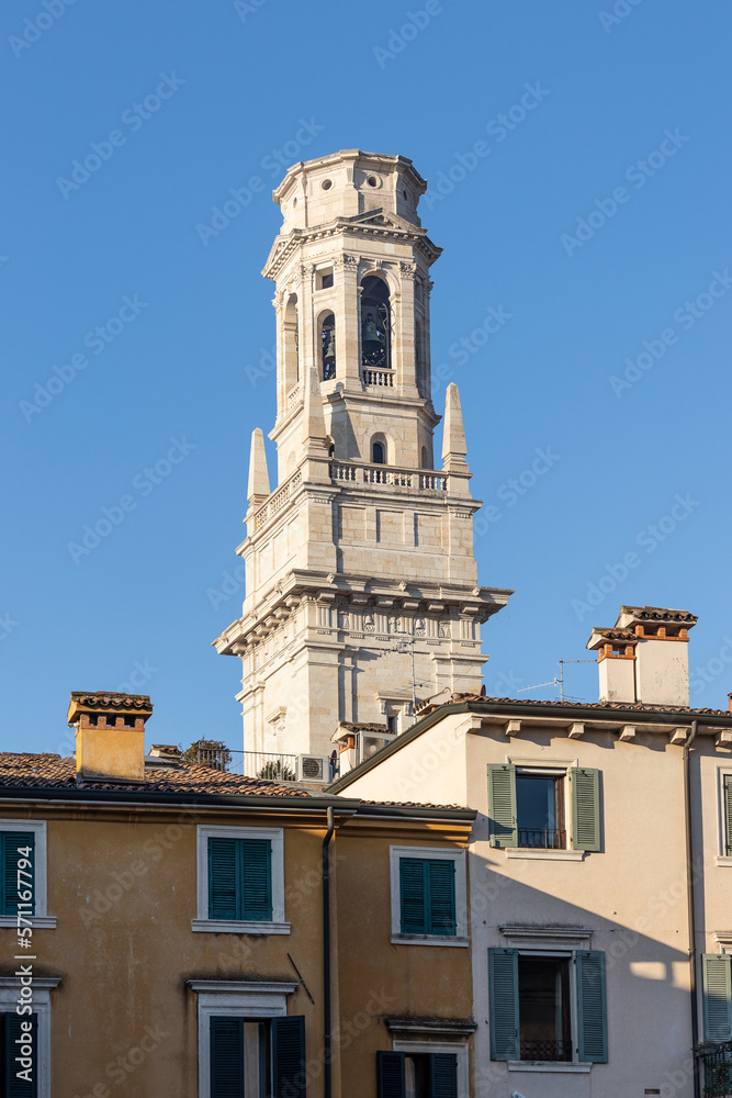 Bell tower of the cathedral of Santa Maria Matricolare - Saint Marie Cathedral, Verona, Italy