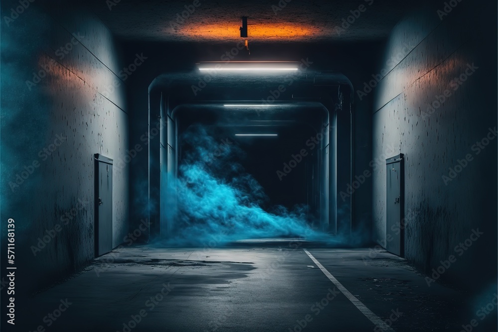 Dark street asphalt abstract dark blue background, empty dark scene, neon light, and spotlights with smoke float up the interior texture for display products