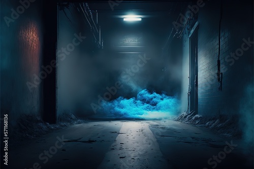 Dark street, asphalt abstract dark blue background, empty dark scene, neon light, spotlights The concrete floor and studio room with smoke float up the interior texture for display products