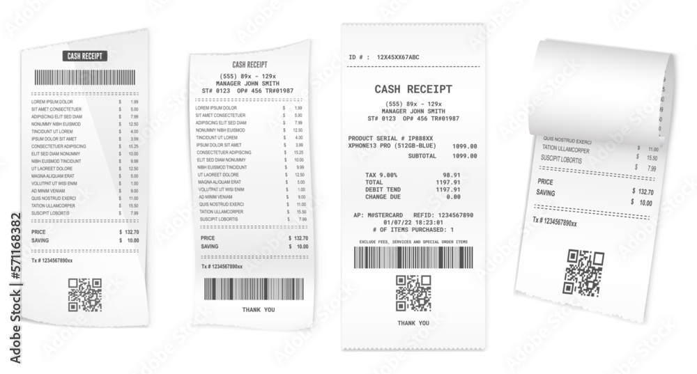 set of realistic cash register sales receipt isolated or cash receipt printed white paper or printout thermal rolled paper
