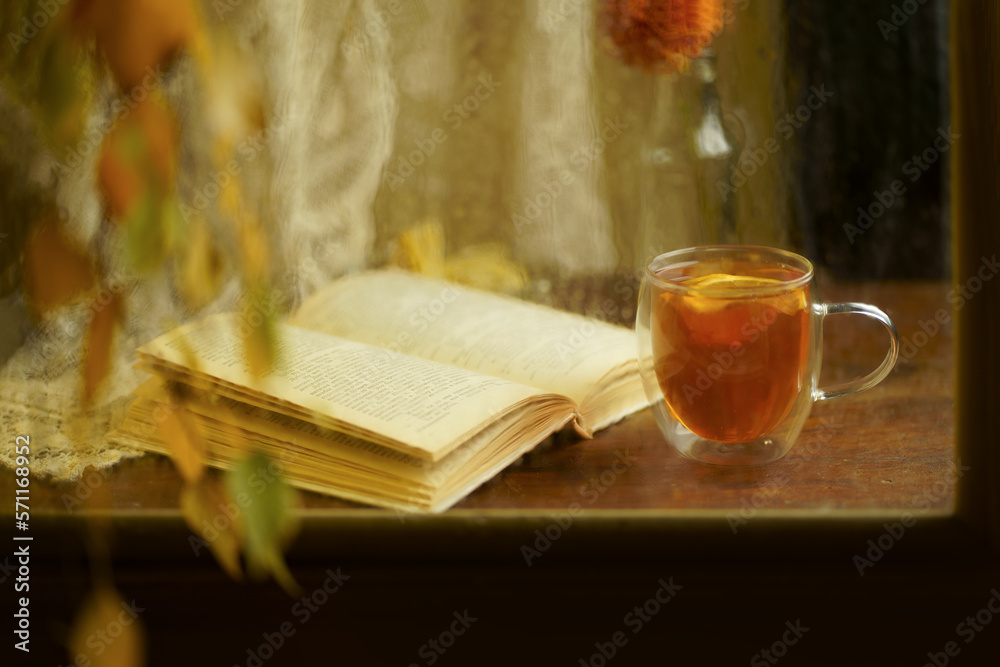 Autumn form. Yellowed birch branches through a wet rainy window. Book and tea with lemon. Home comfort in bad weather Autumn form. Yellowed birch branches through a wet rainy window. Book and tea with lemon. Home comfort in bad weather