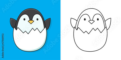 Outline illustration of a cute Penguin peeking out of an egg. Vector childrens coloring book
