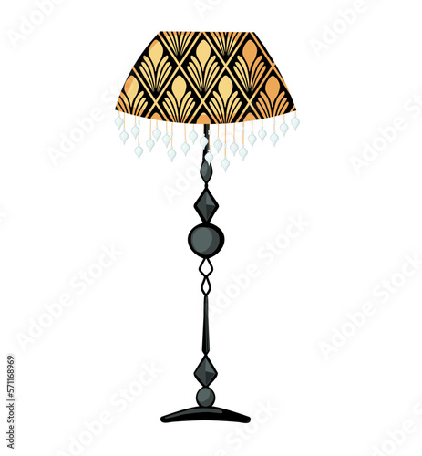 Floor lamp in Art Deco style. Art Nouveau style. Floor lamp with patterned lampshade and crystal pendants. Fashion style sticker