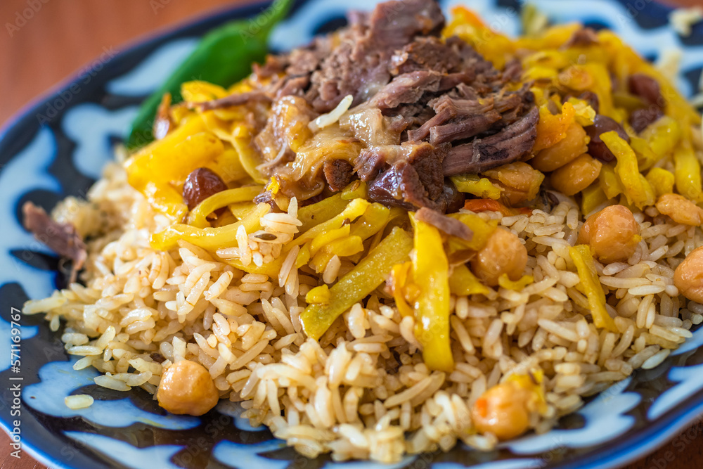 Pilaf or palov, traditional dish from Uzbekistan.