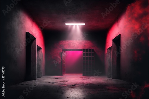 The dark stage shows  dark red background  an empty dark scene  neon light  and spotlights The concrete floor and studio room with smoke float up the interior texture for display products