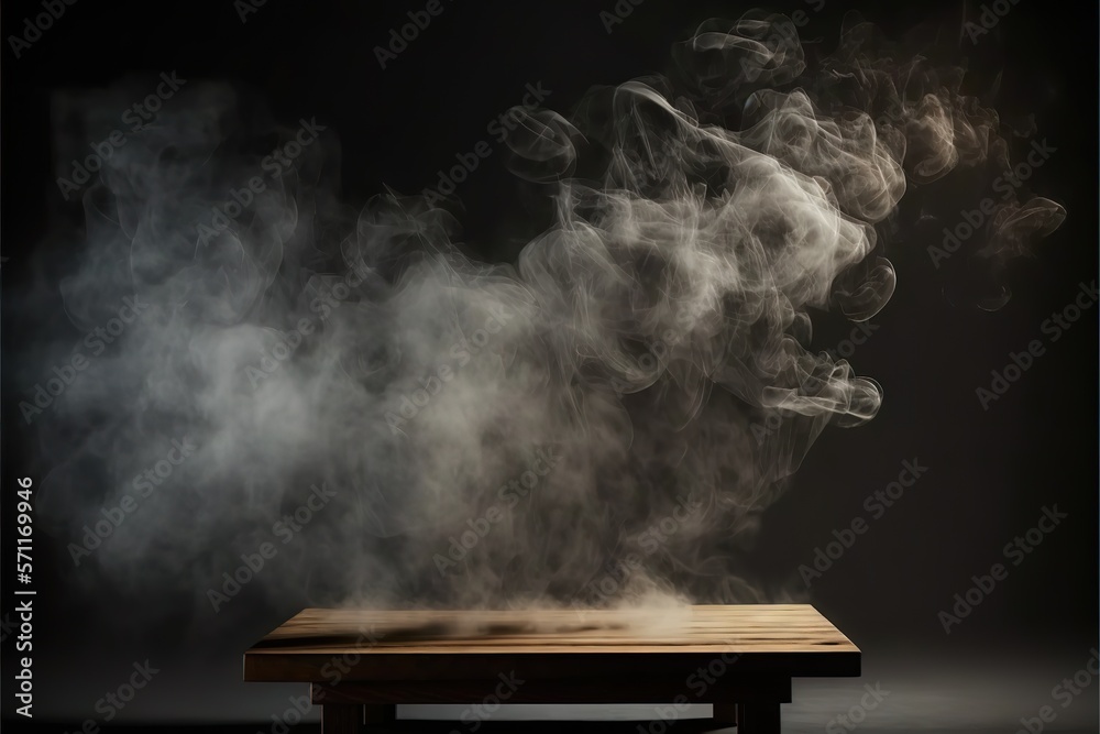 Empty wooden table with smoke float up on dark background,used as a studio background wall to display your products