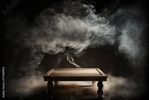 Empty wooden table with smoke float up on dark background,used as a studio background wall to display your products