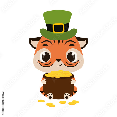 Cute tiger in green leprechaun hat holds bowler with gold coins. Irish holiday folklore theme. Cartoon design for cards, decor, shirt, invitation. Vector stock illustration