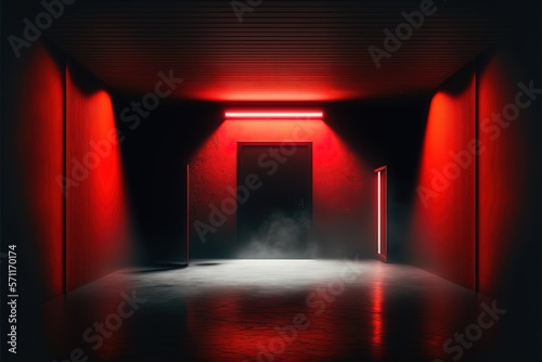 The dark stage shows  red background  an empty dark scene  neon light  spotlights The asphalt floor and studio room with smoke float up the interior texture for display products