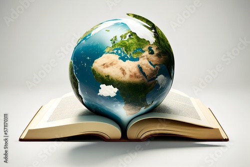 Earth globe resting on an open book on white background Generative AI