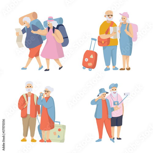 elderly 's  couple tourist, senior traveler, enjoy retire life with luggage camera and handbag. isolated Vector illustration on white background