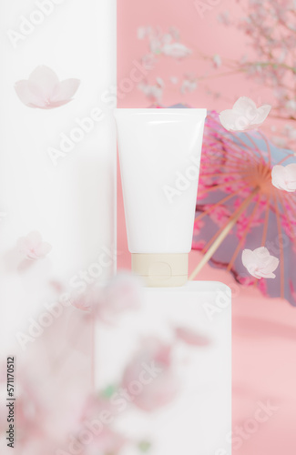 3d rendering A foam tube cosmetic mockup with a Japanese pink theme with cherry blossoms floating around the product.