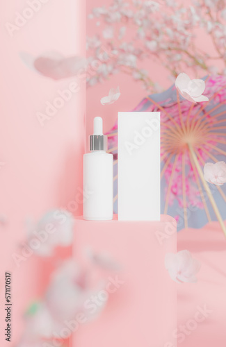 3d rendering A serum cosmetic mockup with a Japanese pink theme with cherry blossoms floating around the product.